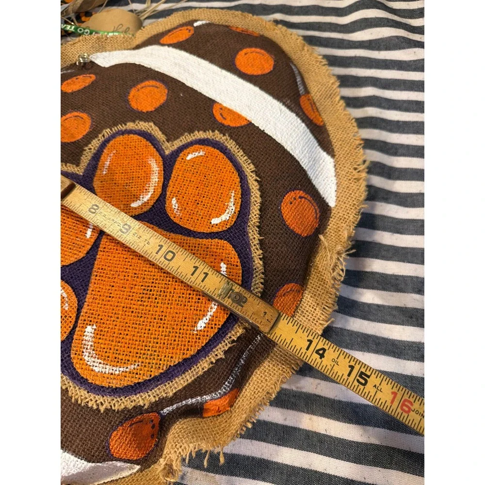 Burlap Football Door Hanger Orange Paw Print Rustic Game Day Decor 18in